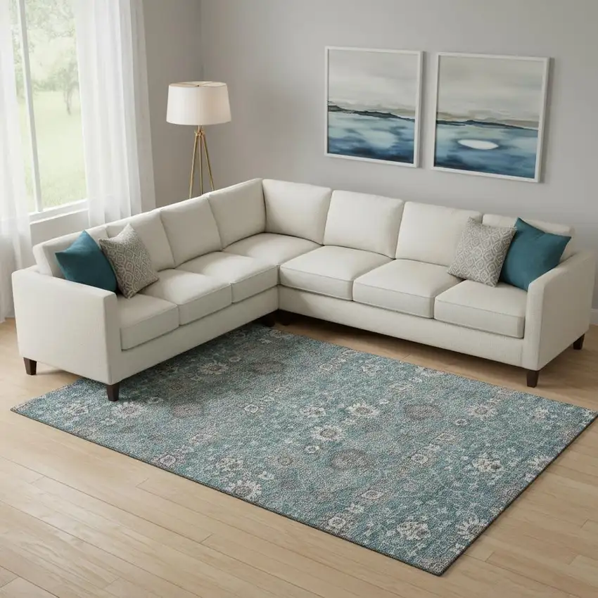 Teal Gray And Silver Floral Washable Area Rug With UV Protection Photo 2