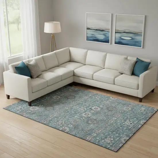 Teal Gray And Silver Floral Washable Area Rug With UV Protection Photo 2