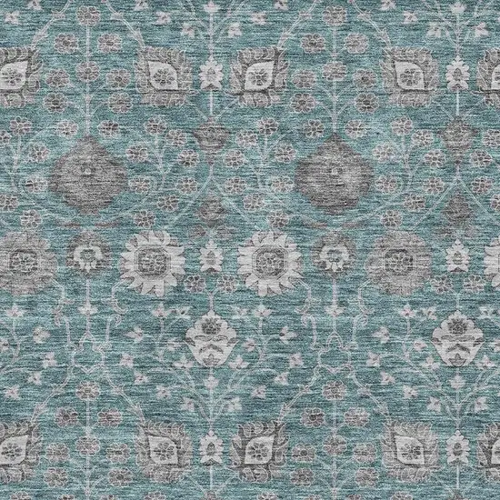Teal Gray And Silver Floral Washable Area Rug With UV Protection Photo 2