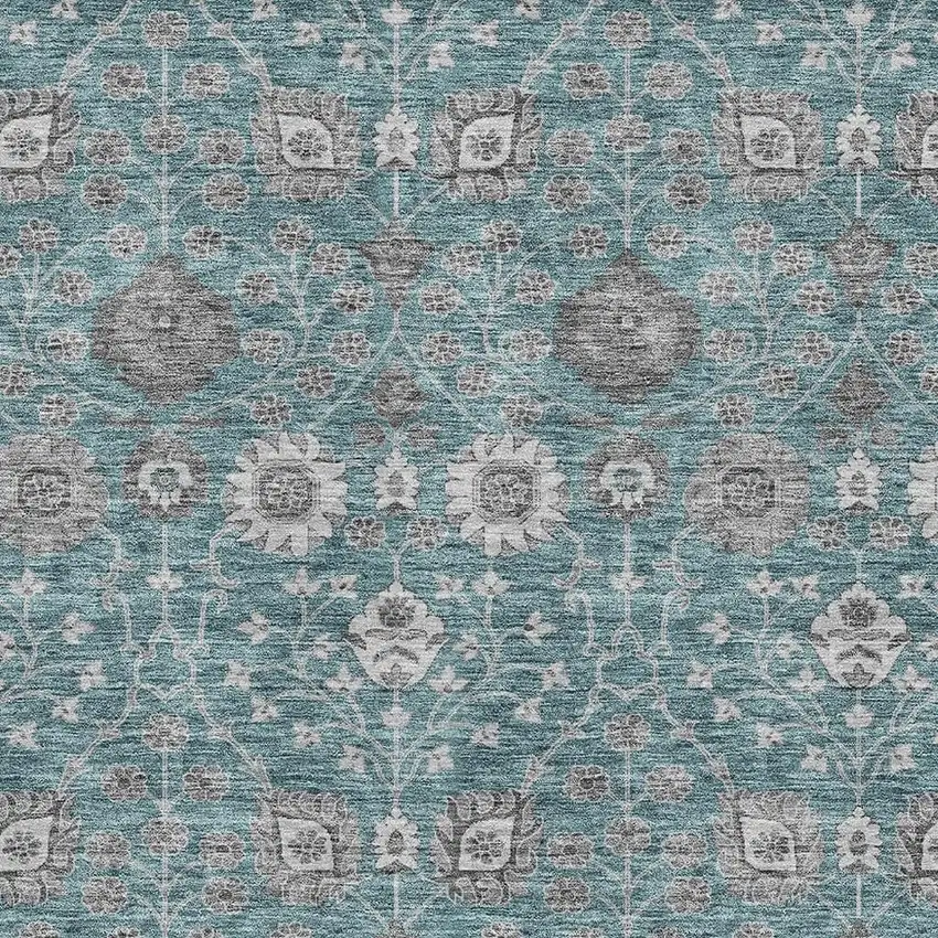 Teal Gray And Silver Floral Washable Area Rug With UV Protection Photo 2