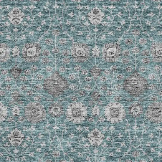 Teal Gray And Silver Floral Washable Area Rug With UV Protection Photo 2