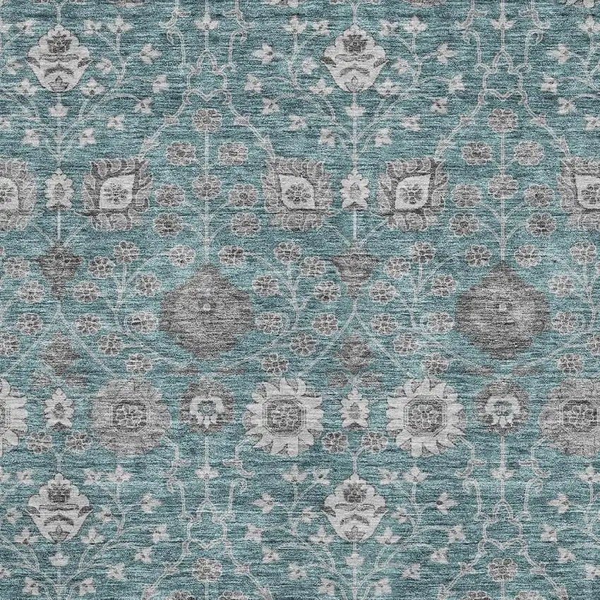 Teal Gray And Silver Floral Washable Area Rug With UV Protection Photo 2