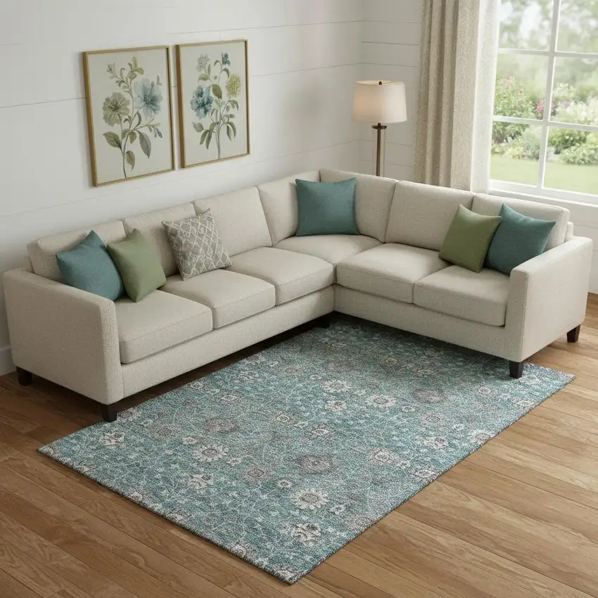 Teal Gray And Silver Floral Washable Area Rug With UV Protection Photo 2