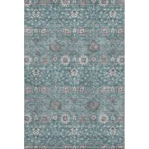 Photo of Teal Gray And Silver Floral Washable Area Rug With UV Protection
