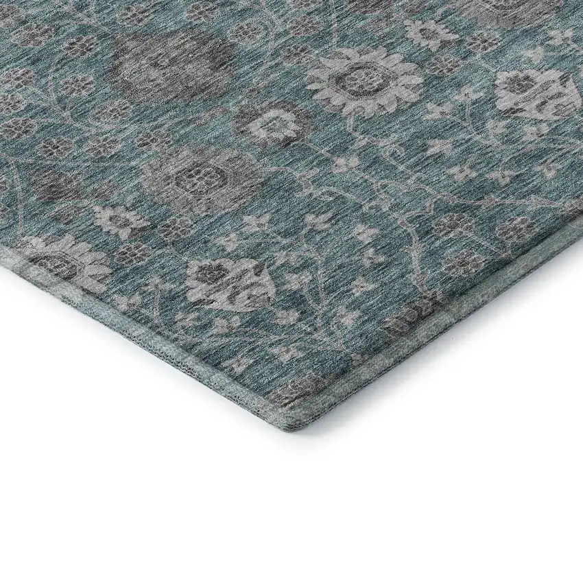 Teal Gray And Silver Floral Washable Area Rug With UV Protection Photo 7