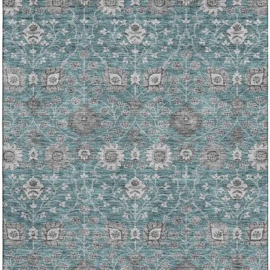 Teal Gray And Silver Floral Washable Area Rug With UV Protection Photo 3