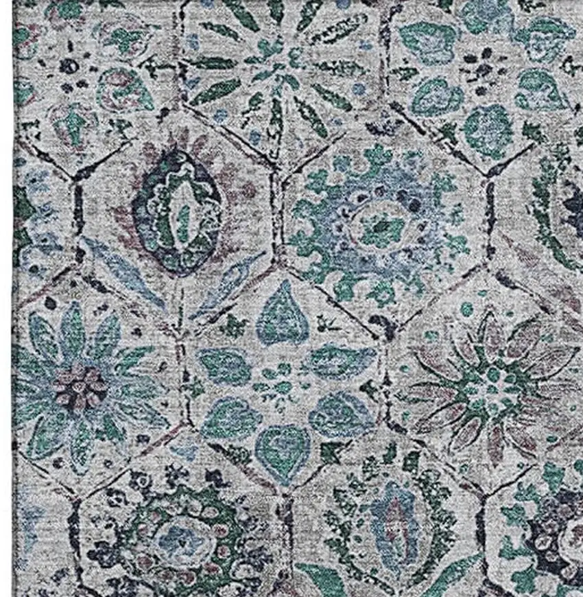 Teal Gray And Silver Floral Washable Area Rug With UV Protection Photo 4