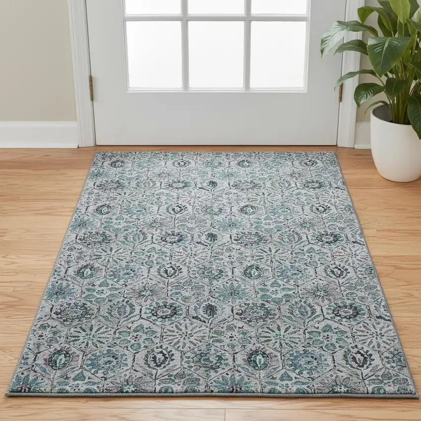 Teal Gray And Silver Floral Washable Area Rug With UV Protection Photo 2