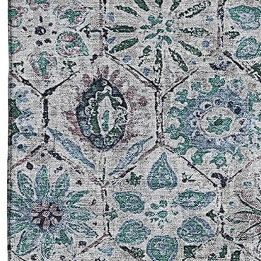 Teal Gray And Silver Floral Washable Area Rug With UV Protection Photo 3
