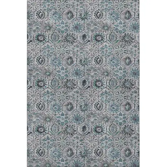 Teal Gray And Silver Floral Washable Area Rug With UV Protection Photo 4