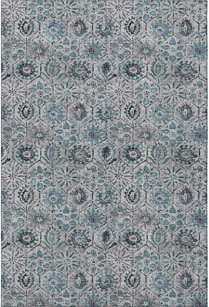 Teal Gray And Silver Floral Washable Area Rug With UV Protection Photo 4