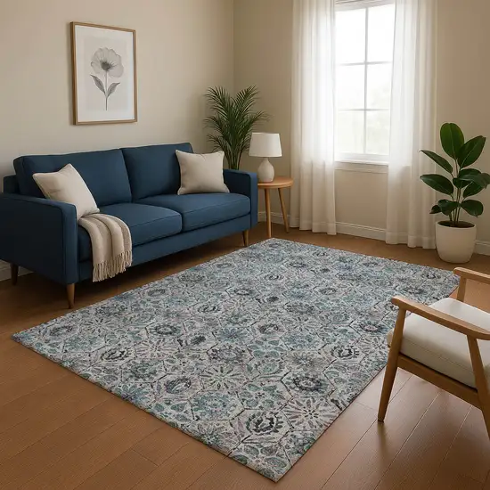 Teal Gray And Silver Floral Washable Area Rug With UV Protection Photo 5