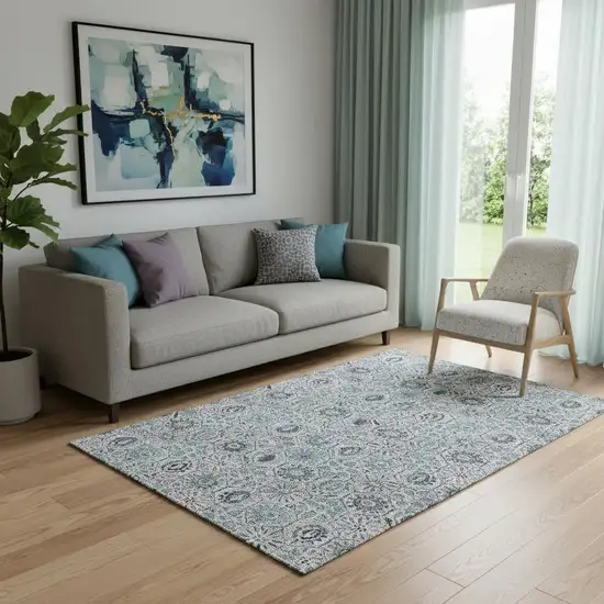 Teal Gray And Silver Floral Washable Area Rug With UV Protection Photo 2