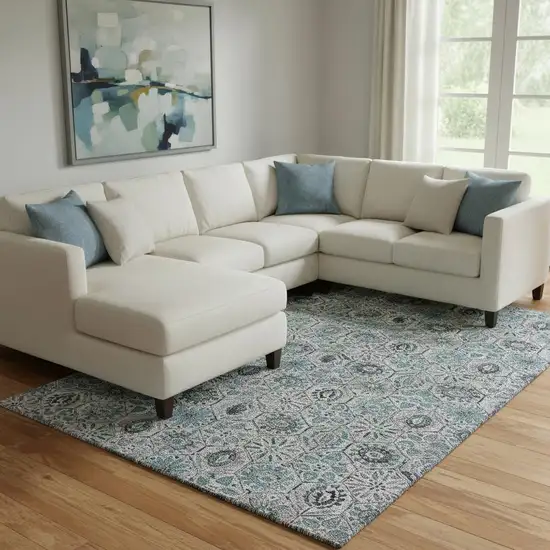 Teal Gray And Silver Floral Washable Area Rug With UV Protection Photo 2