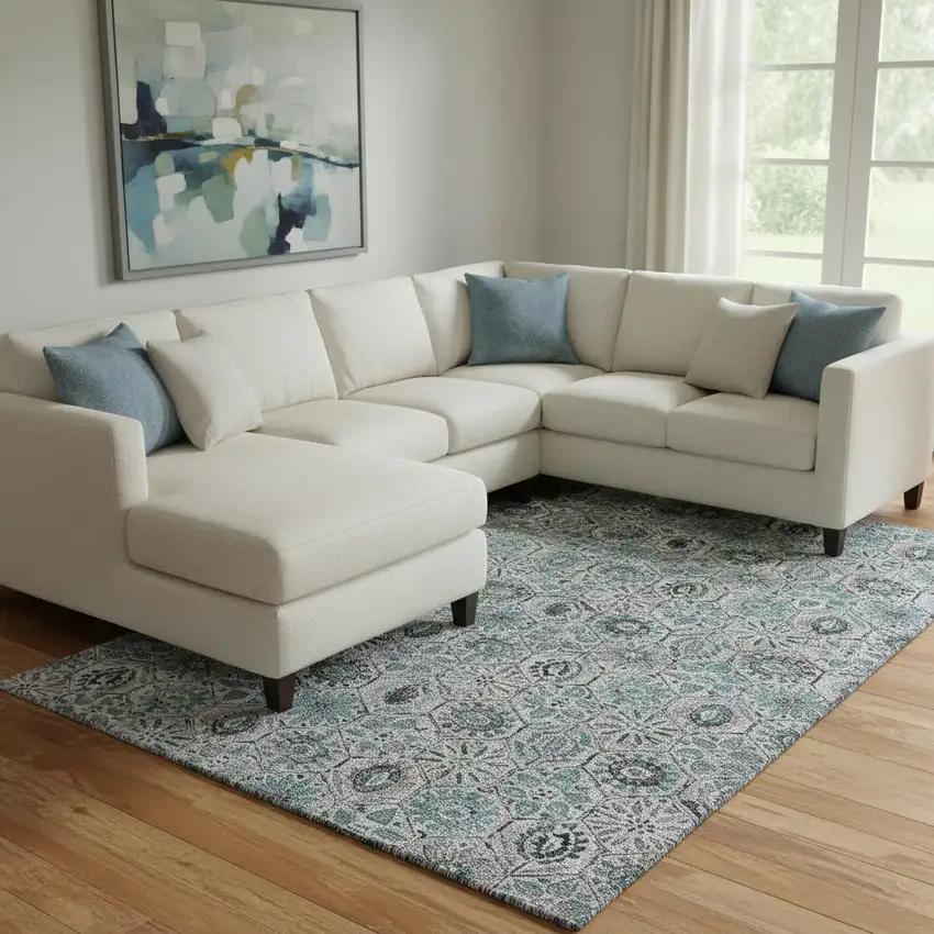 Teal Gray And Silver Floral Washable Area Rug With UV Protection Photo 2