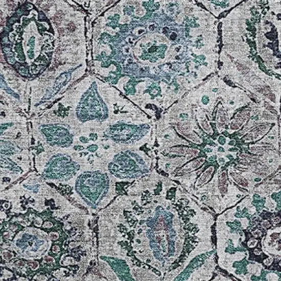 Teal Gray And Silver Floral Washable Area Rug With UV Protection Photo 3
