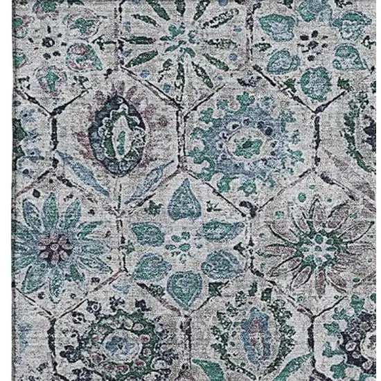 Teal Gray And Silver Floral Washable Area Rug With UV Protection Photo 4