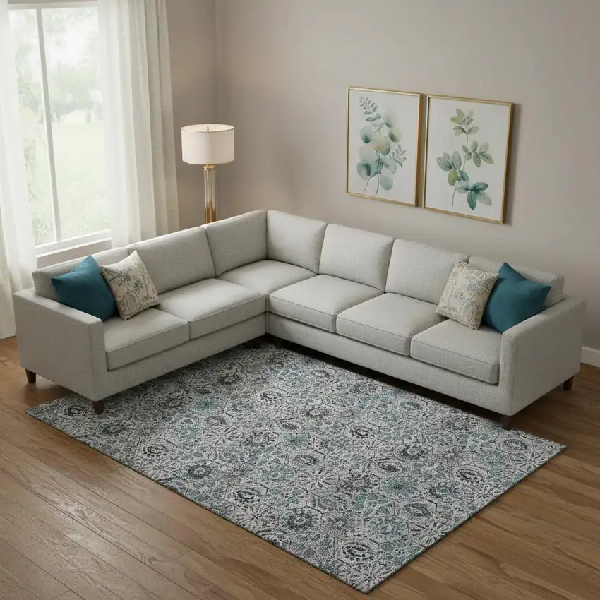 Teal Gray And Silver Floral Washable Area Rug With UV Protection Photo 2