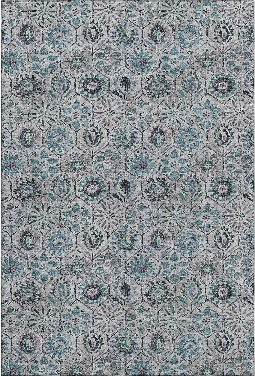 Teal Gray And Silver Floral Washable Area Rug With UV Protection Photo 1