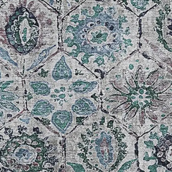 Teal Gray And Silver Floral Washable Area Rug With UV Protection Photo 3