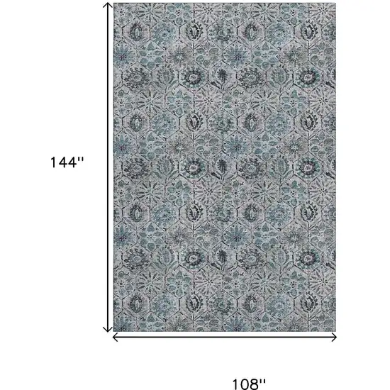 Teal Gray And Silver Floral Washable Area Rug With UV Protection Photo 9