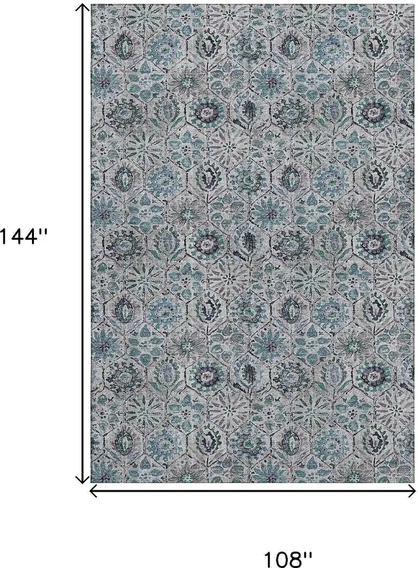 Teal Gray And Silver Floral Washable Area Rug With UV Protection Photo 9