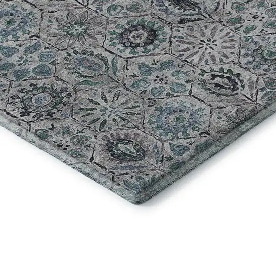 Teal Gray And Silver Floral Washable Area Rug With UV Protection Photo 8
