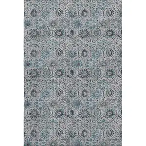 Photo of Teal Gray And Silver Floral Washable Area Rug With UV Protection