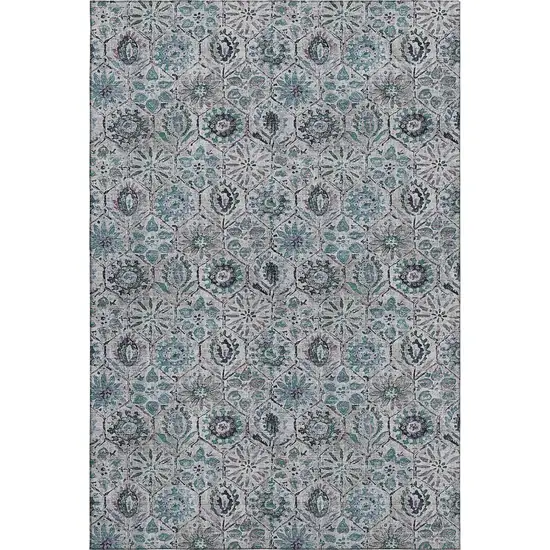 Teal Gray And Silver Floral Washable Area Rug With UV Protection Photo 1