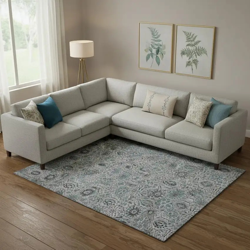 Teal Gray And Silver Floral Washable Area Rug With UV Protection Photo 2