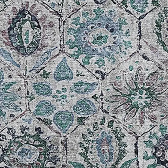 Teal Gray And Silver Floral Washable Area Rug With UV Protection Photo 3