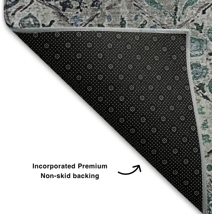Teal Gray And Silver Floral Washable Area Rug With UV Protection Photo 7