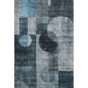 Photo of Teal Gray And Silver Geometric Washable Area Rug With UV Protection