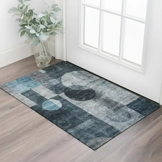 Teal Gray And Silver Geometric Washable Area Rug With UV Protection Photo 2