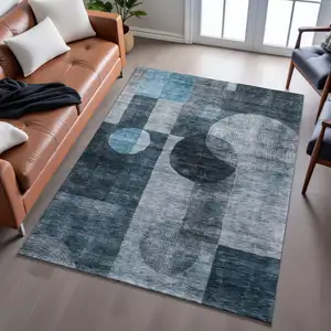 Photo of Teal Gray And Silver Geometric Washable Area Rug With UV Protection