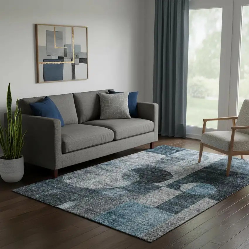 Teal Gray And Silver Geometric Washable Area Rug With UV Protection Photo 2