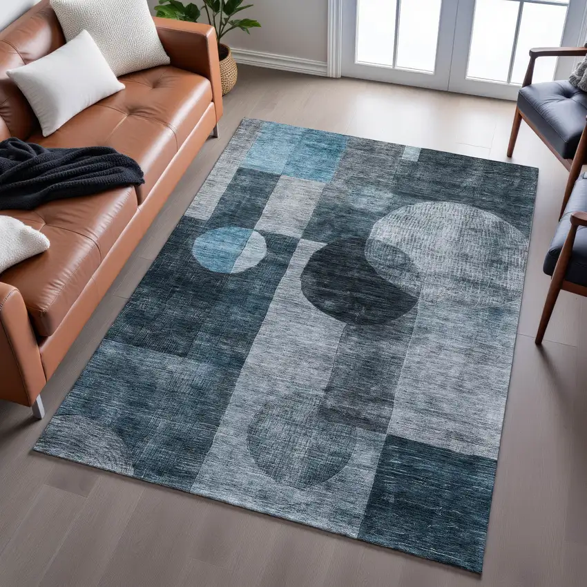 Teal Gray And Silver Geometric Washable Area Rug With UV Protection Photo 5