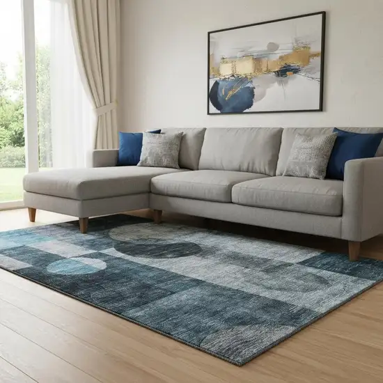 Teal Gray And Silver Geometric Washable Area Rug With UV Protection Photo 2