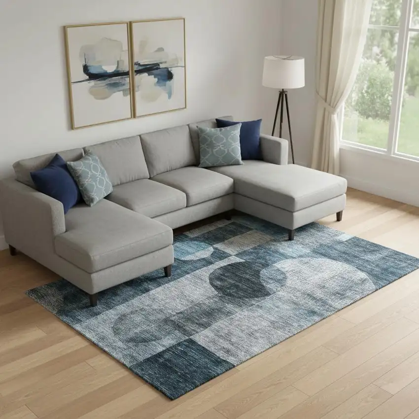 Teal Gray And Silver Geometric Washable Area Rug With UV Protection Photo 2
