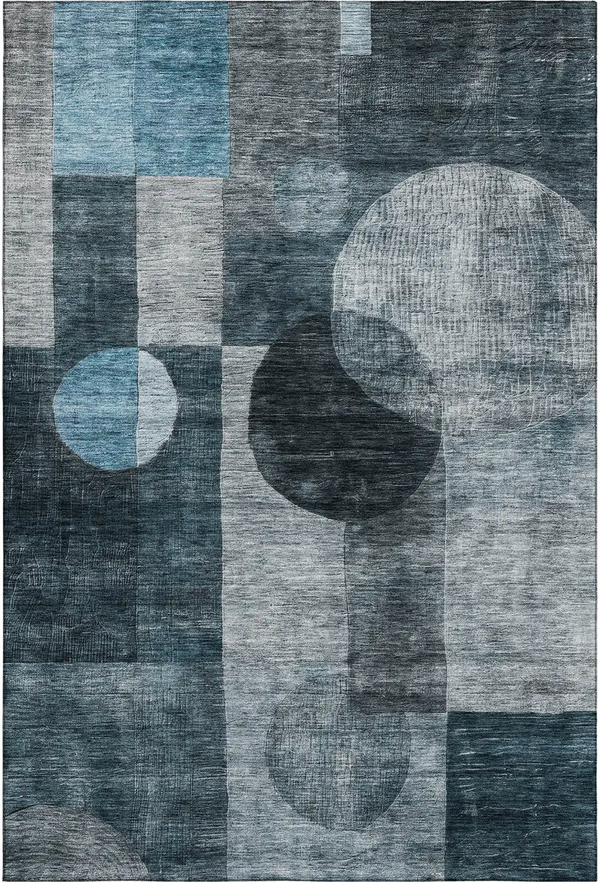 Teal Gray And Silver Geometric Washable Area Rug With UV Protection Photo 1