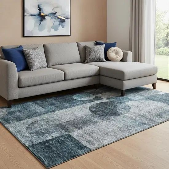 Teal Gray And Silver Geometric Washable Area Rug With UV Protection Photo 2