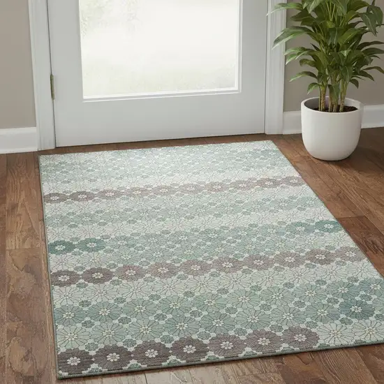 Teal Gray And Silver Geometric Washable Area Rug With UV Protection Photo 2