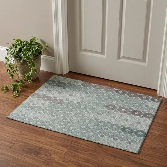 Teal Gray And Silver Geometric Washable Area Rug With UV Protection Photo 1