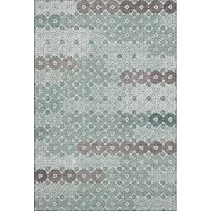 Photo of Teal Gray And Silver Geometric Washable Area Rug With UV Protection