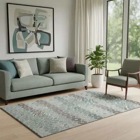 Teal Gray And Silver Geometric Washable Area Rug With UV Protection Photo 2