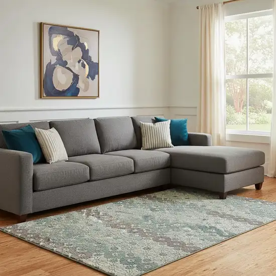 Teal Gray And Silver Geometric Washable Area Rug With UV Protection Photo 2