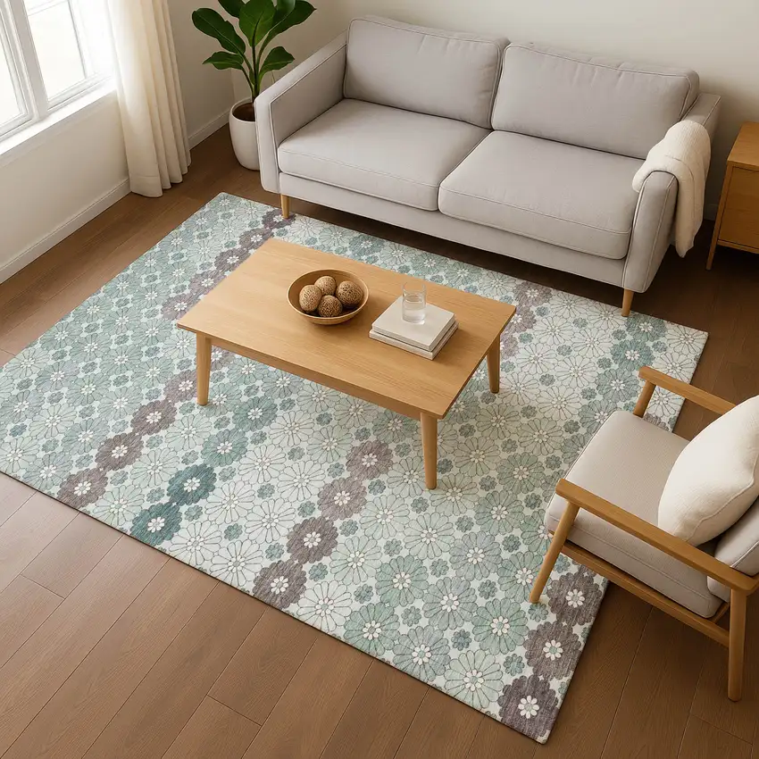 Teal Gray And Silver Geometric Washable Area Rug With UV Protection Photo 5