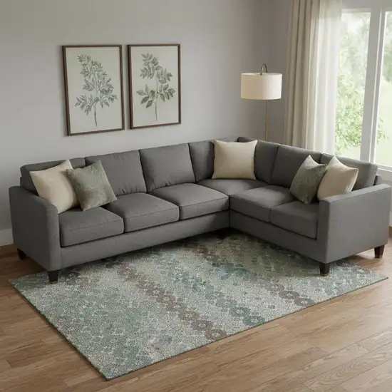 Teal Gray And Silver Geometric Washable Area Rug With UV Protection Photo 2