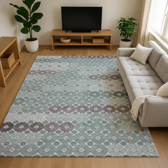 Teal Gray And Silver Geometric Washable Area Rug With UV Protection Photo 4