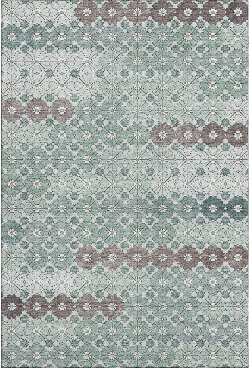 Teal Gray And Silver Geometric Washable Area Rug With UV Protection Photo 1